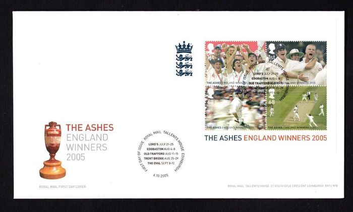2005 Great Britain Ashes Cricket Winners Commemorative Stamps Miniature Sheet Addressed First Day Cover (FDC) with Edinburgh pictorial cance