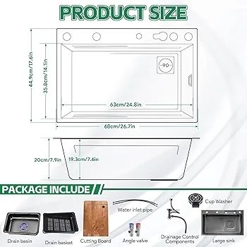 Drop-in Waterfall Sink Workstation with Faucet Combo and Cup Washer, 26.7" x 17.6" x 7.9" Stainless Steel Waterfall Bowl, Modern Smart Undermount Kitchen Unit, for Household Use, Gun Grey