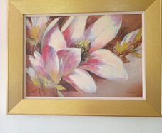 Magnolia Bloom > Large Oleograph Gilt Framed Painting Signed.
