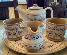 Nicholas Mosse Lavender starter set from Washington creek USA . Tea pot, two mugs , creamer and an oval platter . Pricing the set