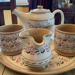 Nicholas Mosse Lavender starter set from Washington creek USA . Tea pot, two mugs , creamer and an oval platter . Pricing the set
