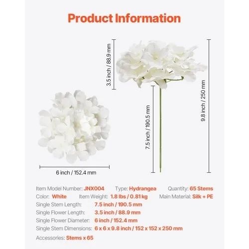 65 Pcs Artificial Silk Hydrangea Flowers 9.8 In Bouquet Arrangement White