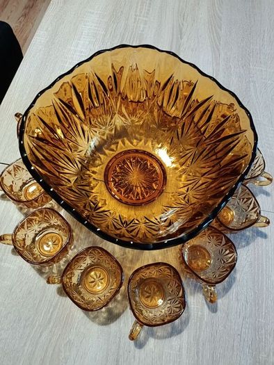 Vintage Amber Glass Punch Bowl Set