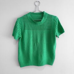 Pre Owned Bright Green Pointelle Short Sleeve Fine Knit Top