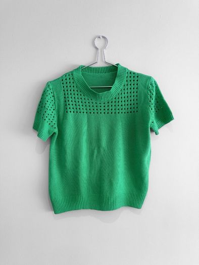 Pre Owned Bright Green Pointelle Short Sleeve Fine Knit Top