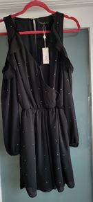 NEXT black chiffon layered playsuit with diamante detail Sz 6UK (Fit 8UK) - Bnwt Rrp 63