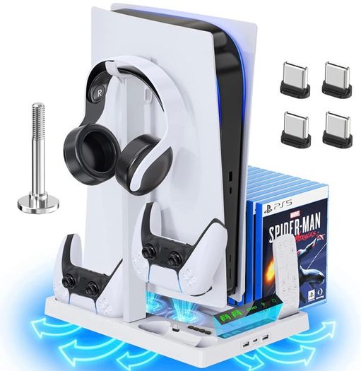 PS5 Stand with Cooling Fan and Headphone Holder, PS5 Cooling Fan with Dual PS5 Charging Station, PS5 Accessories for PS5 Console with 15 Game Slots (FREE POSTAGE)