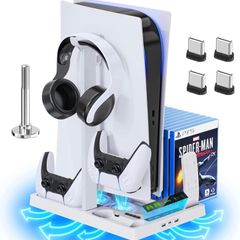 PS5 Stand with Cooling Fan and Headphone Holder, PS5 Cooling Fan with Dual PS5 Charging Station, PS5 Accessories for PS5 Console with 15 Game Slots (FREE POSTAGE)