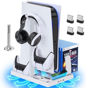 PS5 Stand with Cooling Fan and Headphone Holder, PS5 Cooling Fan with Dual PS5 Charging Station, PS5 Accessories for PS5 Console with 15 Game Slots (FREE POSTAGE)