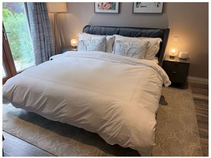 Luxury Super King Bed Frame Grey Green Fabric Headboard