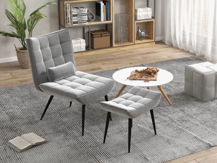 Accent Chair with Footstool Set, Tufted Upholstered Armless Lounge Chair with Pillow and Steel Legs for Living Room, Bedroom, Green