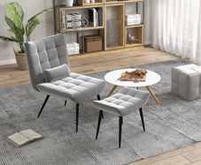 Accent Chair with Footstool Set, Tufted Upholstered Armless Lounge Chair with Pillow and Steel Legs for Living Room, Bedroom, Green