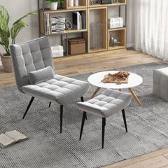 Accent Chair with Footstool Set, Tufted Upholstered Armless Lounge Chair with Pillow and Steel Legs for Living Room, Bedroom, Green