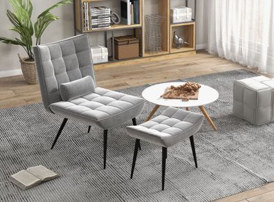 Accent Chair with Footstool Set, Tufted Upholstered Armless Lounge Chair with Pillow and Steel Legs for Living Room, Bedroom, Green