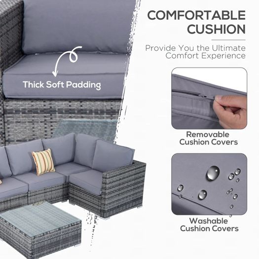 4 Pieces Rattan Garden Furniture Set, Wicker Outdoor Furniture Set with Corner Sofa Loveseat Coffee Table Cushions, Conservatory Furniture Set for Patio Balcony Poolside, Grey