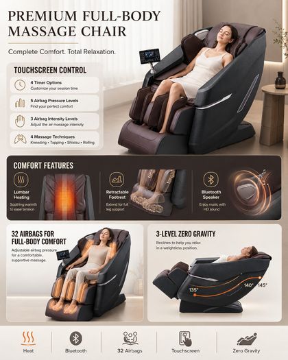 Full Body Massage Chair with Zero Gravity, Heat, Bluetooth and Touchscreen Control
