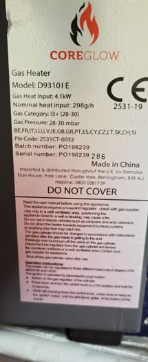 Coreglow 4.1kW Portable Gas Heater  3 Heat Settings