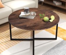 Round Coffee Table Tea Table End Table Sofa Table for Living Room with Metal Legs, Black+Brown oak