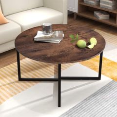Round Coffee Table Tea Table End Table Sofa Table for Living Room with Metal Legs, Black+Brown oak