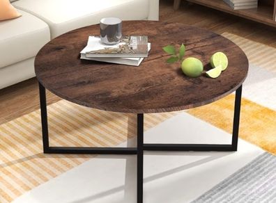Round Coffee Table Tea Table End Table Sofa Table for Living Room with Metal Legs, Black+Brown oak