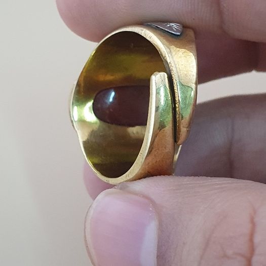 Vintage Etched Carnelian Agate Ring Brass & Silver Inlay, Flower Design