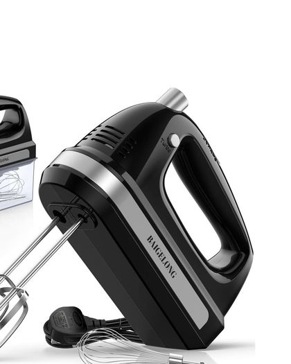 Hand Electric Mixer, 300W Ultra Power Food Kitchen Mixer with 5 Self-Control Speeds + Turbo Boost, 5 Stainless Steel Attachments Handheld Blender for Baking, BLACK