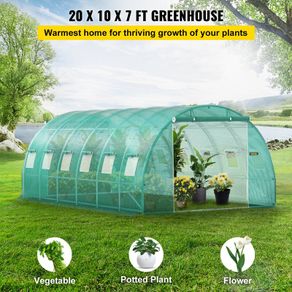 Polytunnel  Large  Green house  Walk-in Tunnel Greenhouse, 20 x 10 x 7 ft Portable Plant Hot House w/ Galvanized Steel Hoops, 3 Top Beams, 4 Diagonal Poles, 2 Zippered Doors & 12 Roll-up Windows, Green
