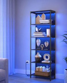 Bookcase with 6 levels and  LED lights with 25 colors, 6 brightness levels, 10 flashing modes, and 6 flashing speeds