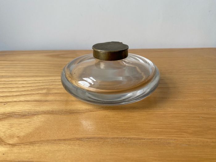 Hand Blown Round Glass Vintage Inkwell with Brass Hinged Collar and Lid c1900