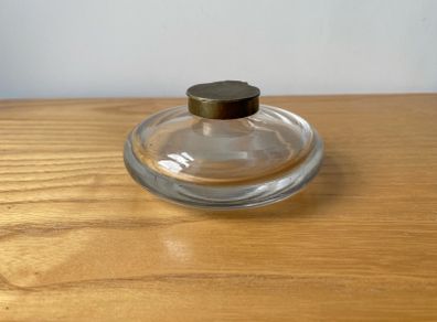 Hand Blown Round Glass Vintage Inkwell with Brass Hinged Collar and Lid c1900
