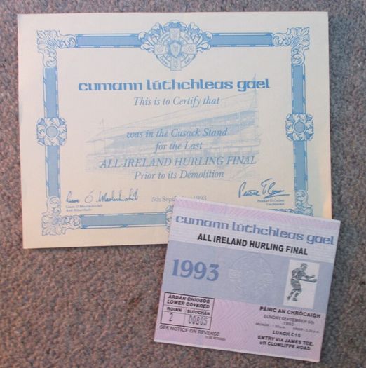 GAA  1993 All-Ireland Hurling Final ticket and commemorative certificate