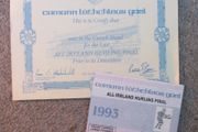 GAA  1993 All-Ireland Hurling Final ticket and commemorative certificate