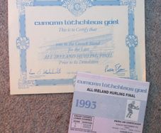 GAA  1993 All-Ireland Hurling Final ticket and commemorative certificate