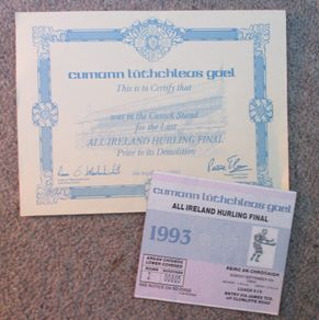 GAA  1993 All-Ireland Hurling Final ticket and commemorative certificate