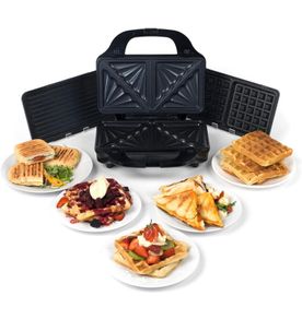 Deep Fill 3-in-1 Snack Maker, Interchangeable Non-Stick Cooking Plates, Panini Press & Griddle, Waffle Iron, Toastie Sandwich Toaster, 900 W, Power/Ready Indicator Lights, Locking Latch, Black