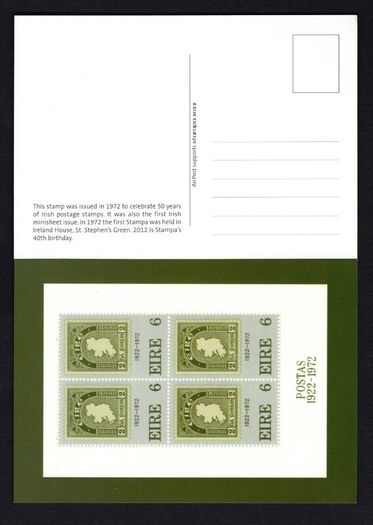 2012 Ireland Stampa Exhibition Card Showing Ireland's first stamp miniature sheet being 1972 50th Anniversary of first Irish postage stamp