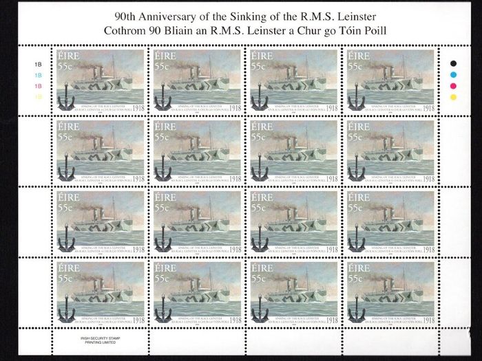 2008 Ireland 90th Anniversary of the Sinking of the RMS Leinster Stamp Sheetlet Plate 1B1B1B1B Mint Never Hinged (MNH)