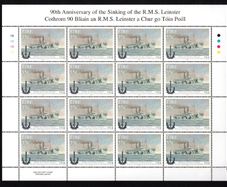 2008 Ireland 90th Anniversary of the Sinking of the RMS Leinster Stamp Sheetlet Plate 1B1B1B1B Mint Never Hinged (MNH)