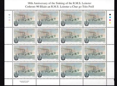 2008 Ireland 90th Anniversary of the Sinking of the RMS Leinster Stamp Sheetlet Plate 1B1B1B1B Mint Never Hinged (MNH)
