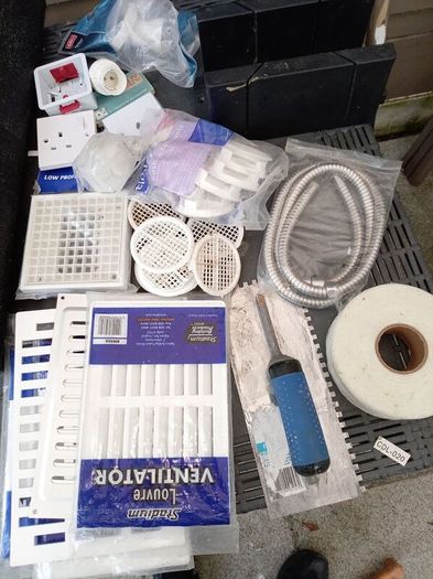 building tools/items. Include trowel, mitre, shower hose, vents...