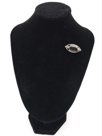 925 Vintage Sterling Silver Black Onyx & Marcasite Accents Brooch