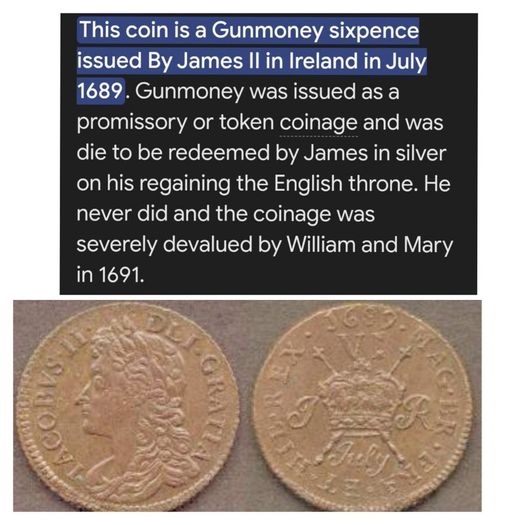 1689 James II Gun Money Six Pence