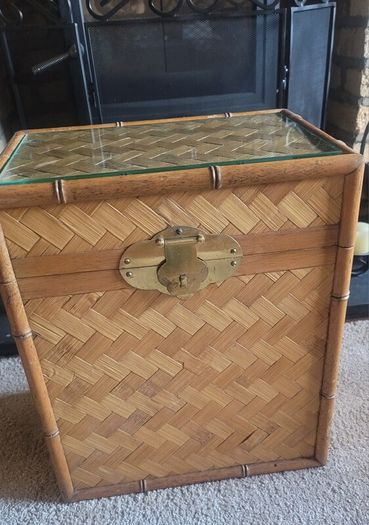 Vintage Rattan and Wood Tea Chest Storage Unit