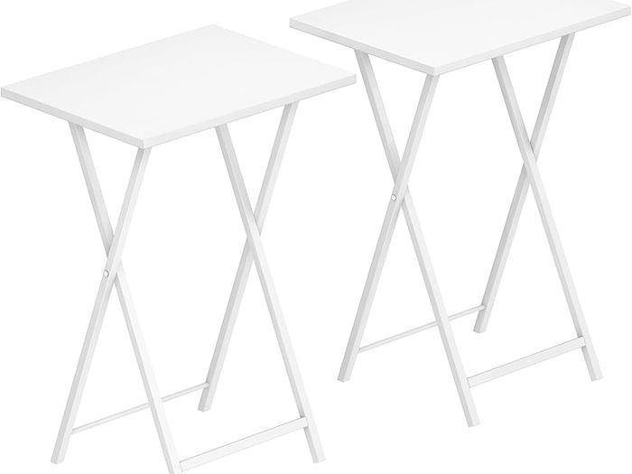 Side Table 2 Set, Folding Tables, TV Tray Table, Snack Table for Eating, Small Sofa End Laptop Drinks Coffee Table for Small Space, Living Room, Industrial, Metal Frame, White