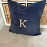 New Ex display 50cm x 50cm navy velvet cushion with taupe herringbone embroidered K Image 5