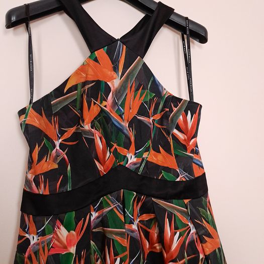 Karen Millen Black Orange Bird of Paradise Floral Halter Neck Fit and Flare Dress 14UK/42EU