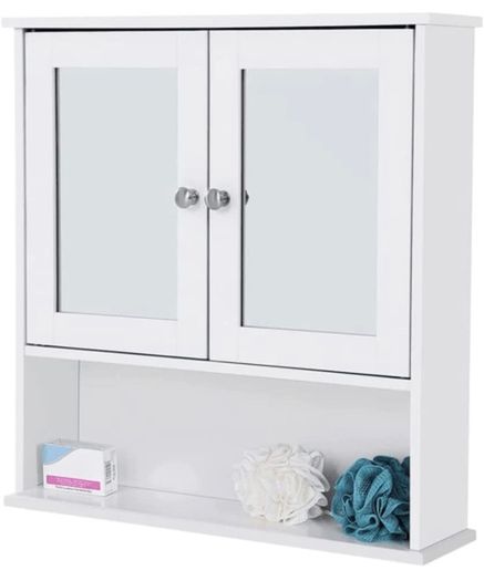 Double Mirror Doors Bathroom Cabinet, Wall Cabinet, Storage Cupboard, Wall-Mounted Storage Unit, Adjustable Height Shelves, 56 x 13 x 58 cm, White (FREE POSTAGE)