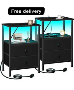 Bedside Table Set of 2 with Charging Station