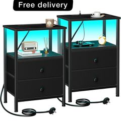 Bedside Table Set of 2 with Charging Station