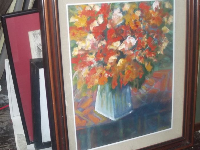 a large oil painting on board of a still life signed lacy